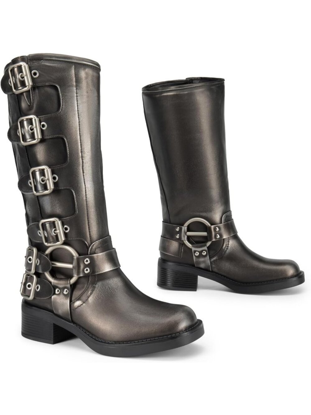 Women's Silver Knee High Riding Boots Side Zipper Motorcycle Boots - Picture 6 of 6